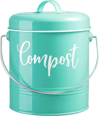 Teal Compost Bin - 1.3 Gallon Countertop Compost Bin with Lid - Rust Proof Compost Bucket - Teal Kitchen Decor