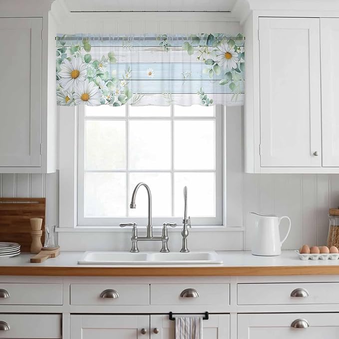 Daisy Eucalyptus Leaves Sheer Valance Curtains, Blue Wood Grain Spring Countryside Light Filtering Kitchen Valances Rod Pocket Voile Curtain Window Treatment for Bedroom/Living Room/Basement 54Wx18L