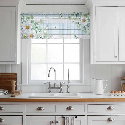 Daisy Eucalyptus Leaves Sheer Valance Curtains, Blue Wood Grain Spring Countryside Light Filtering Kitchen Valances Rod Pocket Voile Curtain Window Treatment for Bedroom/Living Room/Basement 42Wx12L
