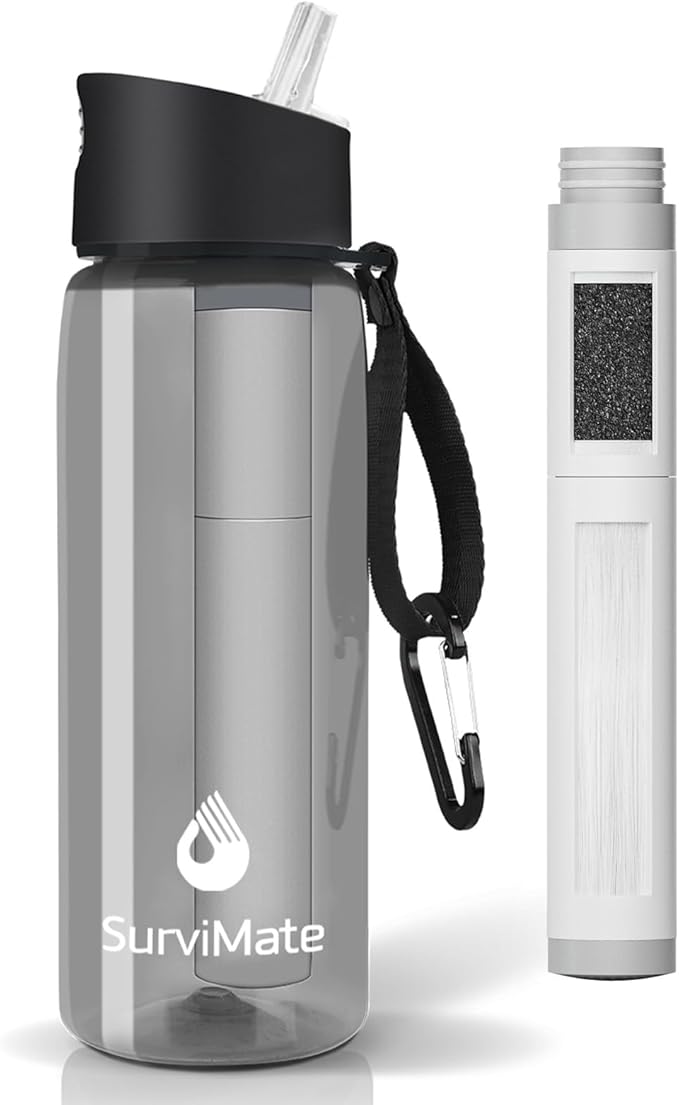 Survimate 5-Stage 0.01μm Ultra-Filtration Filtered Water Bottle, BPA-Free Material, NSF/ANSI 42&372 Certified, Portable Water Filter Bottle for Survival, Camping, Hiking, and Emergency Use