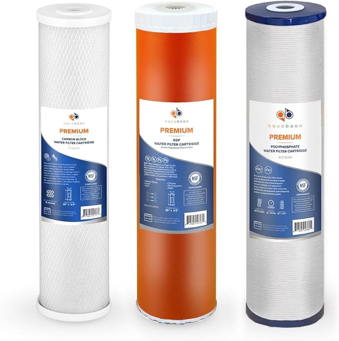 Aquaboon 5 Micron 20 x 4.5 Anti-Scale, KDF, CTO Filter Replacements Set NSF Certified House Water Filters Cartridges for 3-Stage Water Filter System