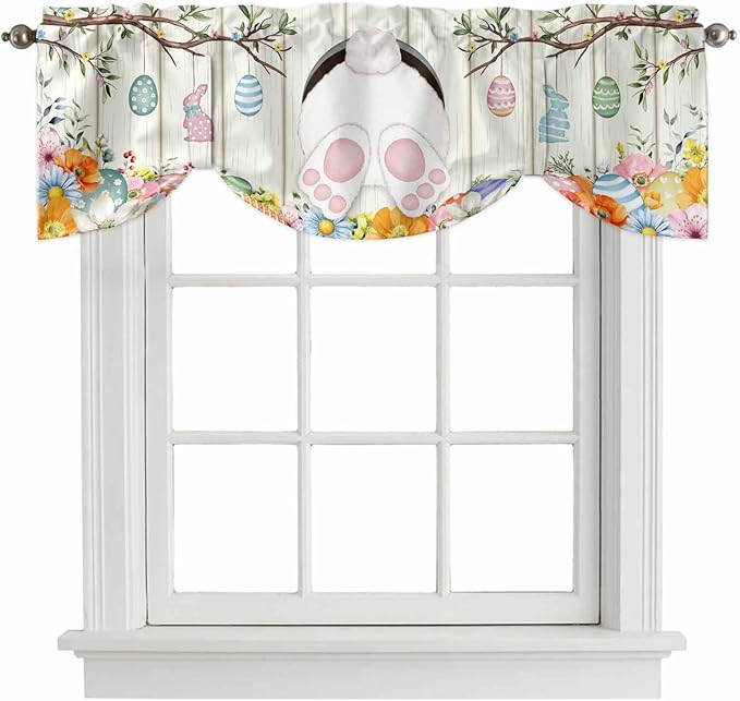 Easter Tie Up Valance Curtains for Windows, Kitchen Curtains Window Shades, Spring Farmhouse Watercolor Bunny Eggs Wood Grain Light Filtering Roman Curtain Valances for Bedroom/Bathroom/Cafe 54"x18"