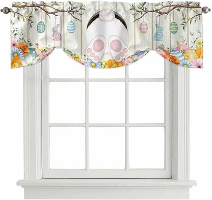 Easter Tie Up Valance Curtains for Windows, Kitchen Curtains Window Shades, Spring Farmhouse Watercolor Bunny Eggs Wood Grain Light Filtering Roman Curtain Valances for Bedroom/Bathroom/Cafe 60"x18"
