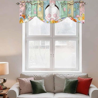 Easter Tie Up Valance Curtains for Windows, Kitchen Curtains Window Shades, Spring Colorful Bunny Eggs Flower Wood Grain Light Filtering Roman Curtain Valances for Bedroom/Bathroom/Cafe 60"x18"
