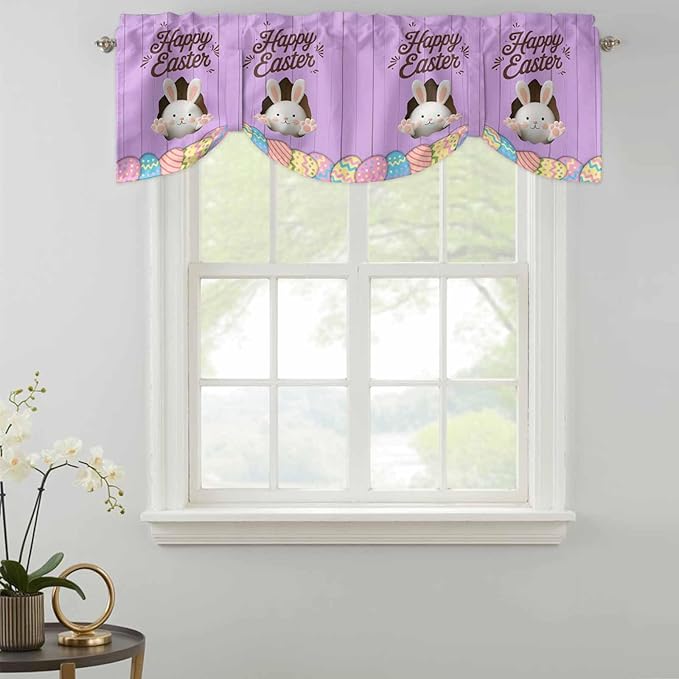 Purple Easter Tie Up Valance Curtains for Windows, Kitchen Curtains Window Shades, Spring Cartoon Bunny Colorful Eggs Wood Grain Light Filtering Curtain Valances for Bedroom/Bathroom/Cafe 54"x18"