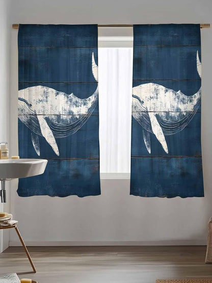 Sheer Curtains 63 Inch Length, Summer Whale Semi Sheer Curtains Light Filtering Window Treatment, Ocean Vintage Wooden Grain Blue Privacy Voile Drapes for Living Room Bedroom 52x63 Inch