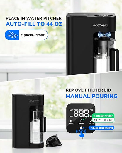 Ecoviva Mate 3 Countertop Reverse Osmosis Water Filter, 8-Stage RO Water Filtration System with 44oz Water Pitcher Smart Auto-Filling, NSF Certified Water Purifier, 3:1 Pure to Drain, Black