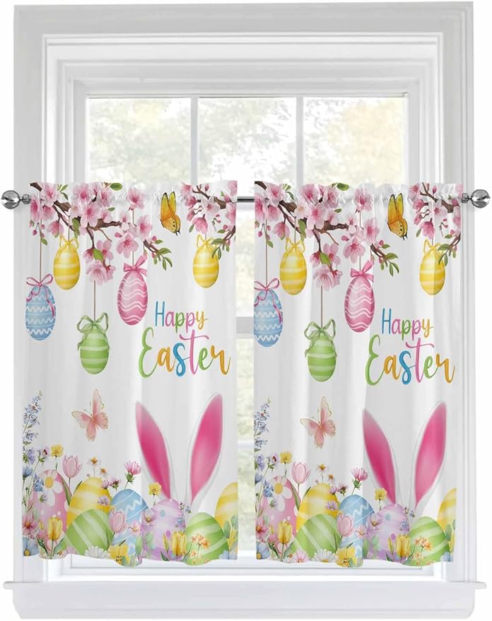 Happy Easter Kitchen Curtains 54 Inches length, Spring Watercolor Bunny Eggs Flower Branch Window Treatment Curtain Drapes, Thermal Insulated Drapes for Basement Hotel RV, 42"x54", 2 Panels