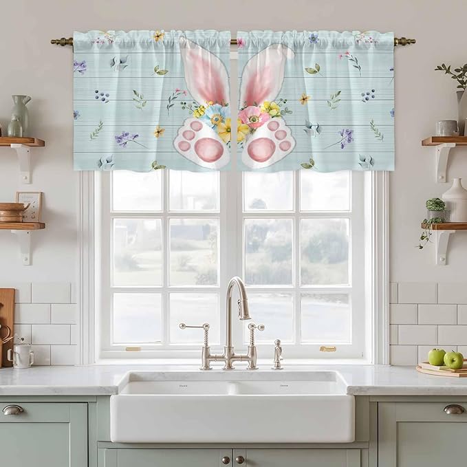 Easter Kitchen Tier Curtains 36 Inch Long 2 Panel Set,Rod Pocket Half Window Curtains Over Sink,Spring Rabbits Ears Feet Flowers Wooden Grain Light Filtering Short Drapes Cafe 27.5"W x 36"L