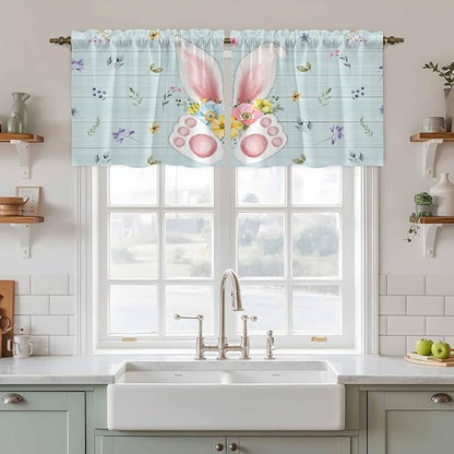 Easter Kitchen Tier Curtains 36 Inch Long 2 Panel Set,Rod Pocket Half Window Curtains Over Sink,Spring Rabbits Ears Feet Flowers Wooden Grain Light Filtering Short Drapes Cafe 27.5"W x 36"L