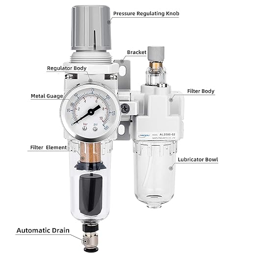 NANPU 1/4" NPT Auto-Drain Air Filter Regulator Lubricator Combo (FRL) Water/Oil Trap Separator - Gauge(0-150 psi), 5 Micron Brass Element, Poly Bowl, Metal Bracket