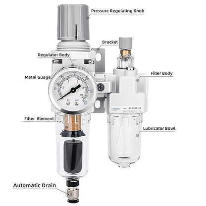 NANPU 1/4" NPT Auto-Drain Air Filter Regulator Lubricator Combo (FRL) Water/Oil Trap Separator - Gauge(0-150 psi), 5 Micron Brass Element, Poly Bowl, Metal Bracket