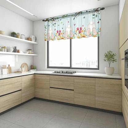 Easter Sheer Valances for Windows 42"x12", Light Filtering Kitchen Curtains Valance, Spring Watercolor Eggs Tulip Wooden Grain Teal Rod Pocket Chiffon Curtains for Living Room Bedroom Cafe