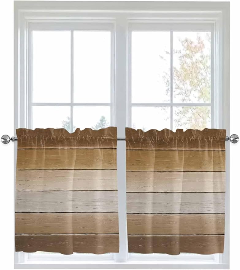 Vintage Brown Gradient Wood Grain Window Valance Curtains, Farmhouse Wood Barn Light Filtering Kitchen Valance with 3-inch Rod Pocket for Living Room Bathroom Bedroom,2 Panel,27.5x36In