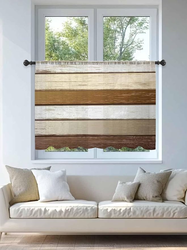 Sheer Curtains 45 Inch Length, Vintage Geometric Brown Semi Sheer Curtains Light Filtering Window Treatment, Farmhouse Country Chic Wood Grain Privacy Voile Drapes for Living Room Bedroom 52x45 Inch