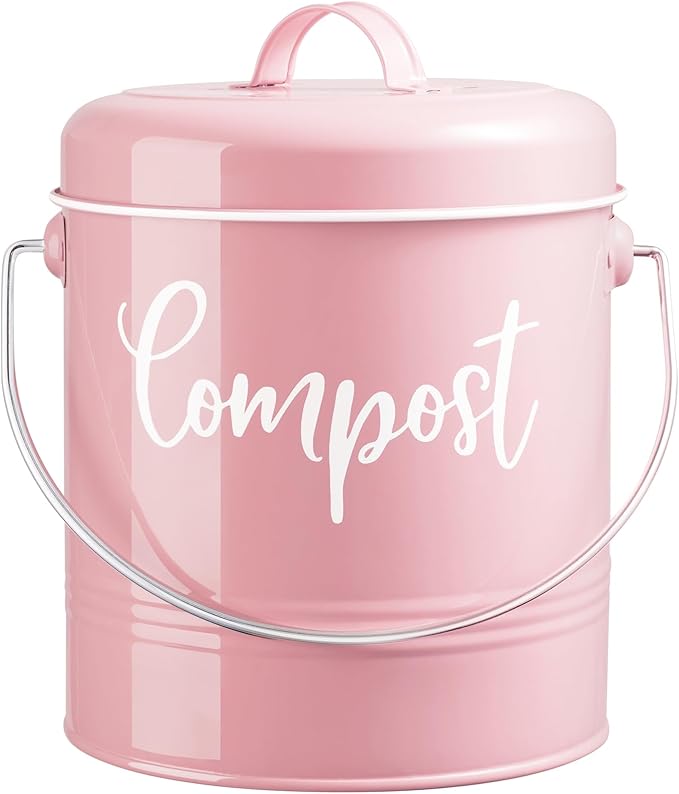 Compost Bin Kitchen, 1.3 Gallon Farmhouse Kitchen Compost Bin Countertop, Indoor Countertop Compost Bucket with Lid and Charcoal Filters, Pink