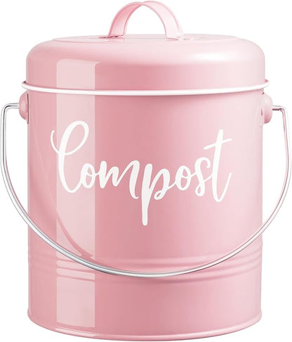 Compost Bin Kitchen, 1.3 Gallon Farmhouse Kitchen Compost Bin Countertop, Indoor Countertop Compost Bucket with Lid and Charcoal Filters, Pink