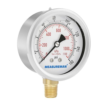 MEASUREMAN 2-1/2inch Dial Size, Oil Filled Pressure Gauge, 0-160psi/kpa, 304 Stainless Steel Case, 1/4inchNPT Lower Mount