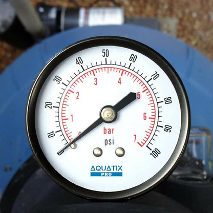 Pool Filter Pressure Gauge - Premium Spa/Pool/Aquarium Water Pressure Gauge by Aquatix Pro, 2" Dial, 0-100 Psi, Bottom Mount 1/4", Compatible with Most Brands Such as Hayward, Pentair & Jandy