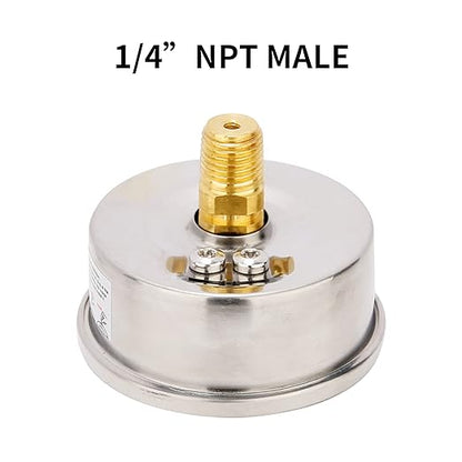 MEASUREMAN 2-1/2inch Dial Size, Glycerin Filled Pressure Gauge, 0-100psi/kpa, 304 Stainless Steel Case, 1/4 Inch NPT Center Back Mount