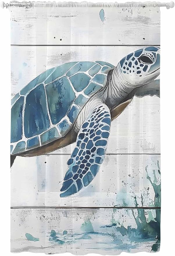 Sheer Curtains 96 Inches Long, Teal Green Sea Turtle Semi Sheer Curtains Light Filtering Window Treatment, Summer Ocean Vintage Wood Grain Privacy Voile Drapes for Living Room Bedroom 52x96 Inch