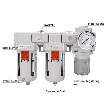 NANPU 3/8" NPT Air Drying System - 5 Micron Particulate Filter, 0.01 Micron Coalescing Filter, Air Pressure Regulator Combo - Semi-Auto Drain, Poly Bowl w/Metal Gauge