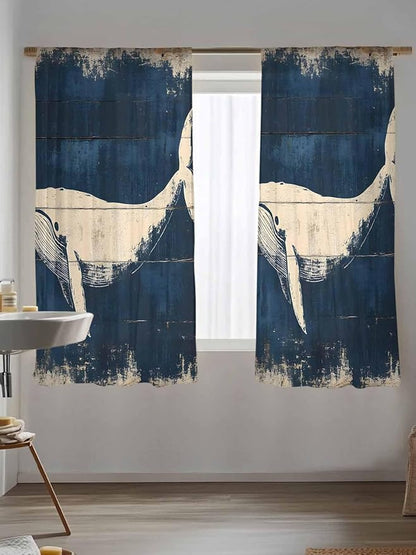 Sheer Curtains 72 Inches Long, Ocean Whale Blue Semi Sheer Curtains Light Filtering Window Treatment, Summer Coastal Vintage Wood Grain Privacy Voile Drapes for Living Room Bedroom 52x72 Inch
