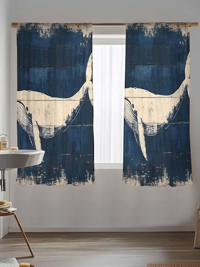 Sheer Curtains 63 Inch Length, Ocean Whale Blue Semi Sheer Curtains Light Filtering Window Treatment, Summer Coastal Vintage Wood Grain Privacy Voile Drapes for Living Room Bedroom 52x63 Inch