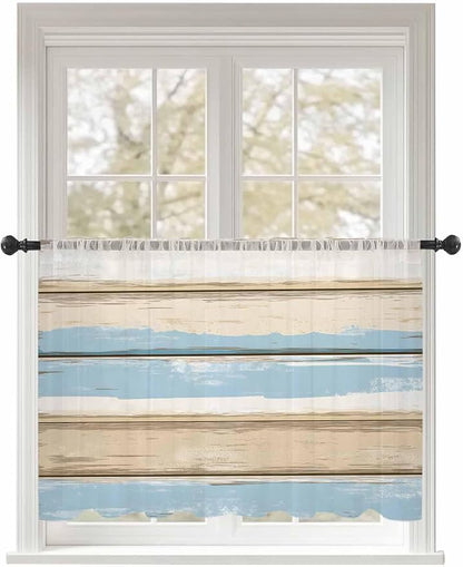 Sheer Curtains 45 Inch Length, Vintage Geometric Blue Semi Sheer Curtains Light Filtering Window Treatment, Abstract Country Shabby Wood Grain Privacy Voile Drapes for Living Room Bedroom 52x45 Inch