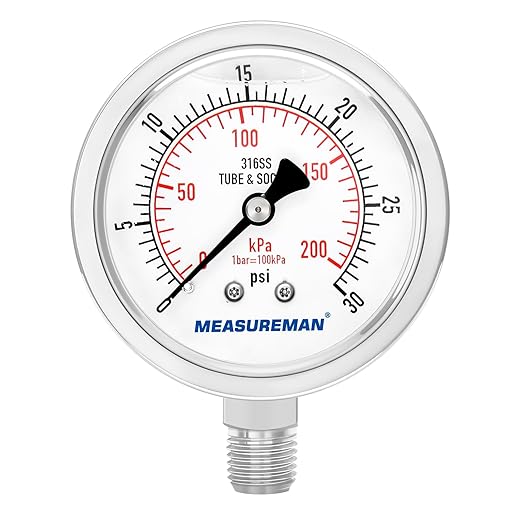 MEASUREMAN Fully Stainless Steel Hydraulic Glycerin Filled Pressure Gauge, 2-1/2" Dial Size,0-30psi/kpa,1/4" NPT Lower Mount