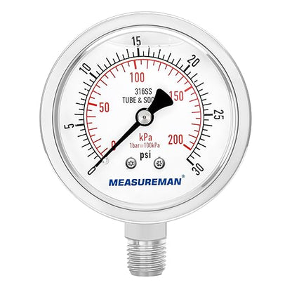 MEASUREMAN Fully Stainless Steel Hydraulic Glycerin Filled Pressure Gauge, 2-1/2" Dial Size,0-30psi/kpa,1/4" NPT Lower Mount