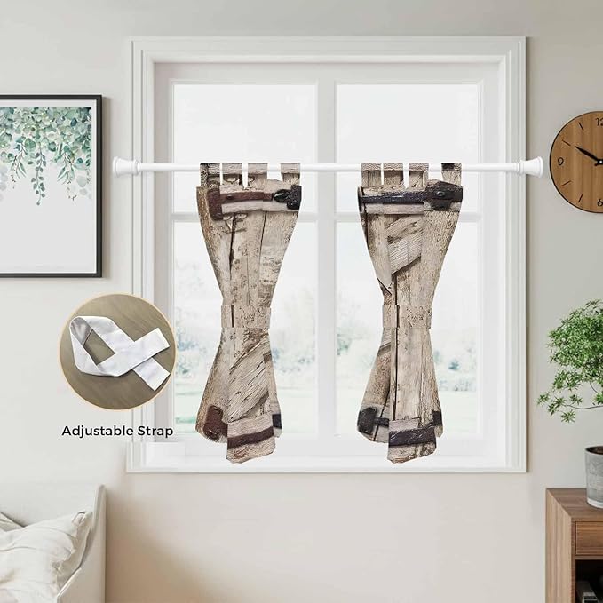Farmhouse Wood Grain Kitchen Curtains 45 Inch Length, Short Cafe Window Curtains Tab Top, Vintage Country Barn Gate Brown Light Filtering Window Treatments Tier Drapes 27.5"x45" 2 Panel