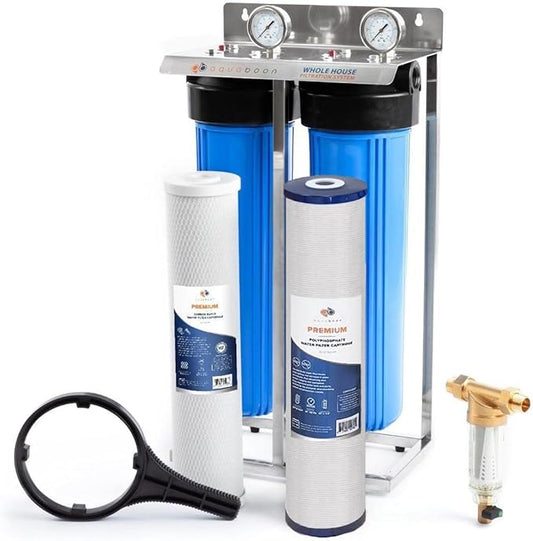 Aquaboon 2-Stage Whole House Water Filter System with Prefilter & Big CTO, Anti-Scale/Sediment, Gauge & Release, Wrench, Freestanding Frame
