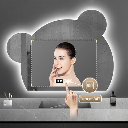 LTSRLL LED Vanity Mirror Cute Bear Decorative Mirror for Bathroom & Dressing Tabler Backlight Wall Mirror with 3 Color Dimmable Light Demister Pad Human Body Sensor Switch(Cut Left,70cmx85cm)
