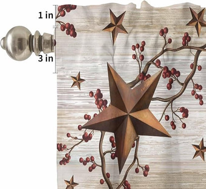 Kitchen Curtains Tiers and Valance Set of 3, Texas Star Brown Light Filtering Window Curtain Set, Farmhouse Retro Branches Wooden Grain Rod Pocket Curtain Drapes for Cafe, Living Room, 36 Inches Tiers