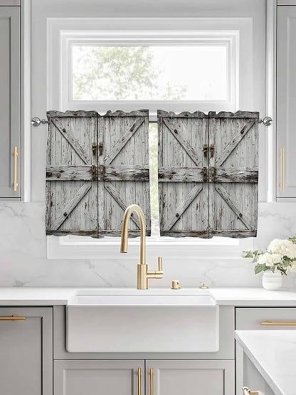 Vintage Gate Half Window Curtain 36 Inches Long, Farmhouse Wooden Grain Shabby Chic Door Window Treatment Curtain Drapes, Small Tier Curtains for Bathroom Over Sink, 27.5"x36", 2 Panels