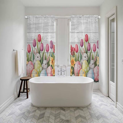 Easter Window Curtains 72 Inch Long 2 Panel Set, Rod Pocket Long Curtains & Drapes, Retro Spring Bunny Eggs Tulip Farm Wooden Grain Light Filtering Window Treatment for Bedroom Living Room 52"W x 72"L