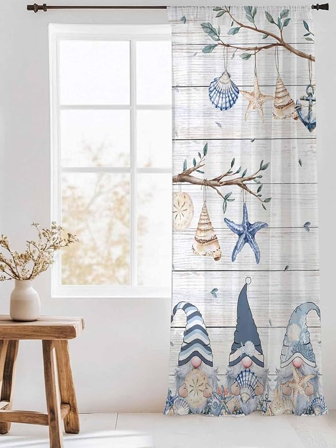 Sheer Curtains 84 Inches Long, Coastal Eucalyptus Semi Sheer Curtains Light Filtering Window Treatment, Ocean Blue Gnomes Starfish Leaf Wood Grain Privacy Voile Drapes for Living Room 52x84 Inch