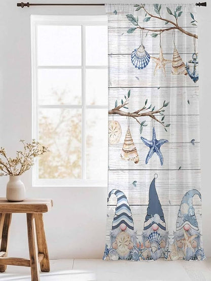 Sheer Curtains 84 Inches Long, Coastal Eucalyptus Semi Sheer Curtains Light Filtering Window Treatment, Ocean Blue Gnomes Starfish Leaf Wood Grain Privacy Voile Drapes for Living Room 52x84 Inch