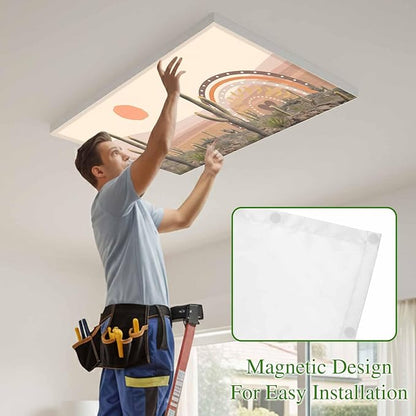 Fluorescent Light Covers for Ceiling Lights Cactus Desert Magnetic Light Filters 3 Pack 4x2 ft Sun Mountain Rainbow Bohemian Style Ceiling Lights Cover for Classroom Office School Home Drop Lamp Decor