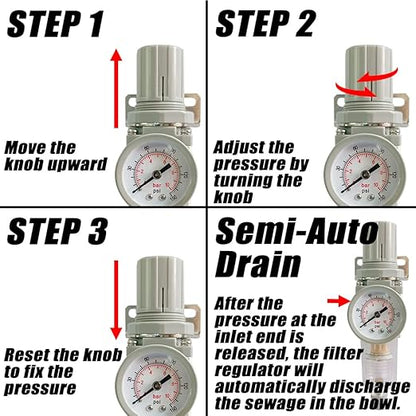 1/4" NPT Air Filter Pressure Regulator Combo Water Separator for Air Compressor Line Semi-Auto Drain 5 Micron Brass Element 0-150 psi Gauge