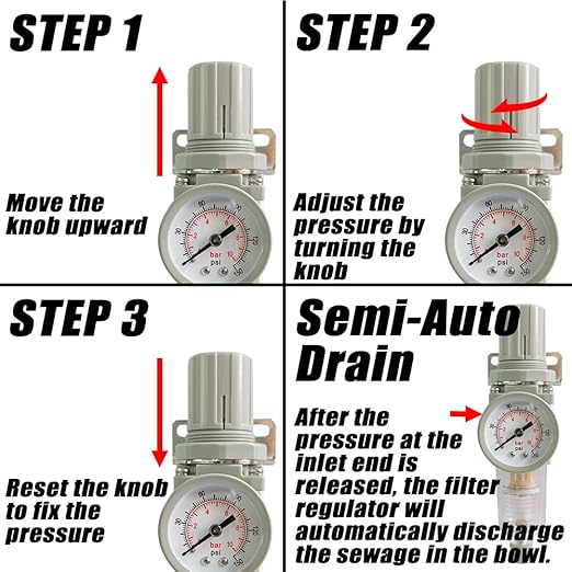 1/2" NPT Air Filter Pressure Regulator Combo Water Separator for Air Compressor Line Semi-Auto Drain 5 Micron Brass Element 0-150 psi Gauge