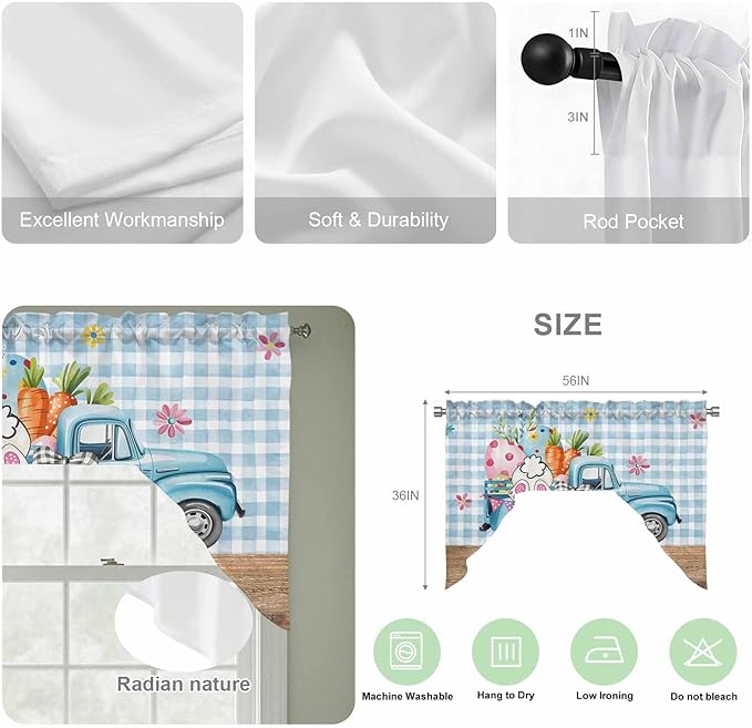Swag Valance Curtains, Easter Truck with Rabbit Eggs Carrot Rod Pocket Valances Swag Topper for Kitchen Windows, Wood Barn and Blue Checker Light Filtering Short Curtain for Bedroom Bathroom 56x36In