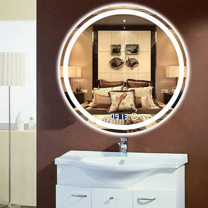 Round Waterproof LED Bathroom Wall Makeup Mirrors with White Light Sensor Touch Control and Demister Pad (Color : with Frame Size : 70cm) (with Frame 60cm)