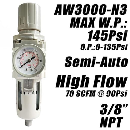 3/8" NPT Air Filter Pressure Regulator Combo Water Separator for Air Compressor Line Semi-Auto Drain 5 Micron Brass Element 0-150 psi Gauge