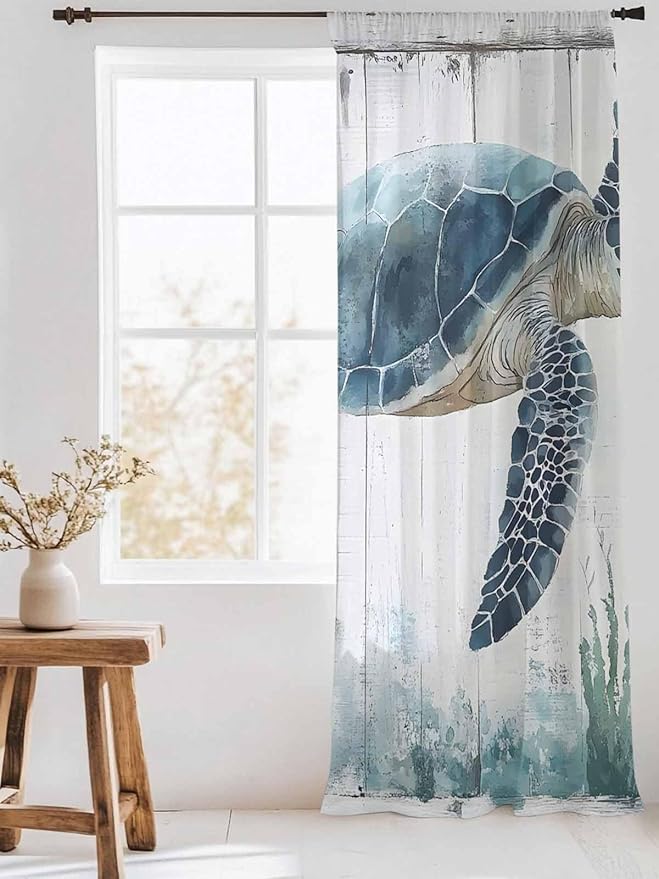 Sheer Curtains 96 Inches Long, Sea Turtle Teal Blue Semi Sheer Curtains Light Filtering Window Treatment, Summer Coastal Ocean Wood Grain Privacy Voile Drapes for Living Room Bedroom 52x96 Inch