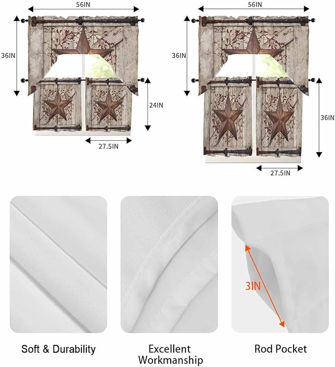 Country Star Swag Kitchen Curtains Valance and Tier Set, VintageRust Yellow Star Berry Beige Barn Gate Light-Filtering Swag Valance 24 Inch Length, Rod Pocket Short Curtain for Bedroom Cafe