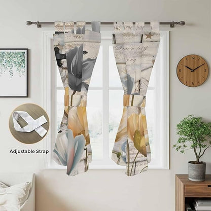 Spring Tulips Flower Bedroom Curtains 72 Inch Length, Window Curtains Tab Top, Vintage Floral Barn Doors Rustic Beige Light Filtering Window Treatments Drapes 52"x72" 2 Panel
