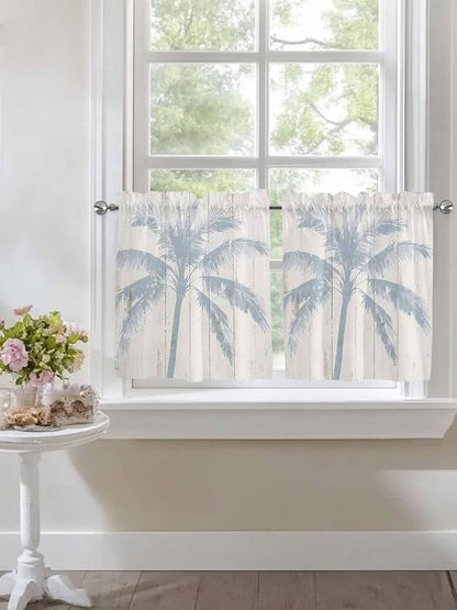 Summer Coconut Tree on Vintage Wood Grain Window Valance Curtains, Seaside Plants Light Filtering Kitchen Valance with 3-inch Rod Pocket for Living Room Bathroom Bedroom,2 Panel,27.5x36In