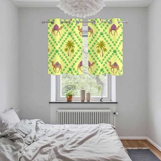2 Panel Kitchen Cafe Curtains, Desert Sand Camels Sunlight Filtering Nature Air Through, Window Decor Tier Curtains for Living Room 55W x 39L inch Palm Trees Tropical Plants Polka Dot Yellow